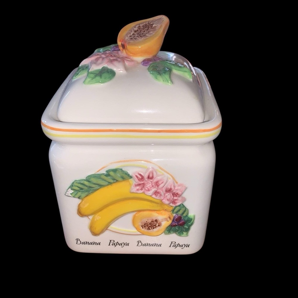 Bella casa by ganz Banana Papaya Ceramic Canister  Vintage Rare 3 D Fruit
